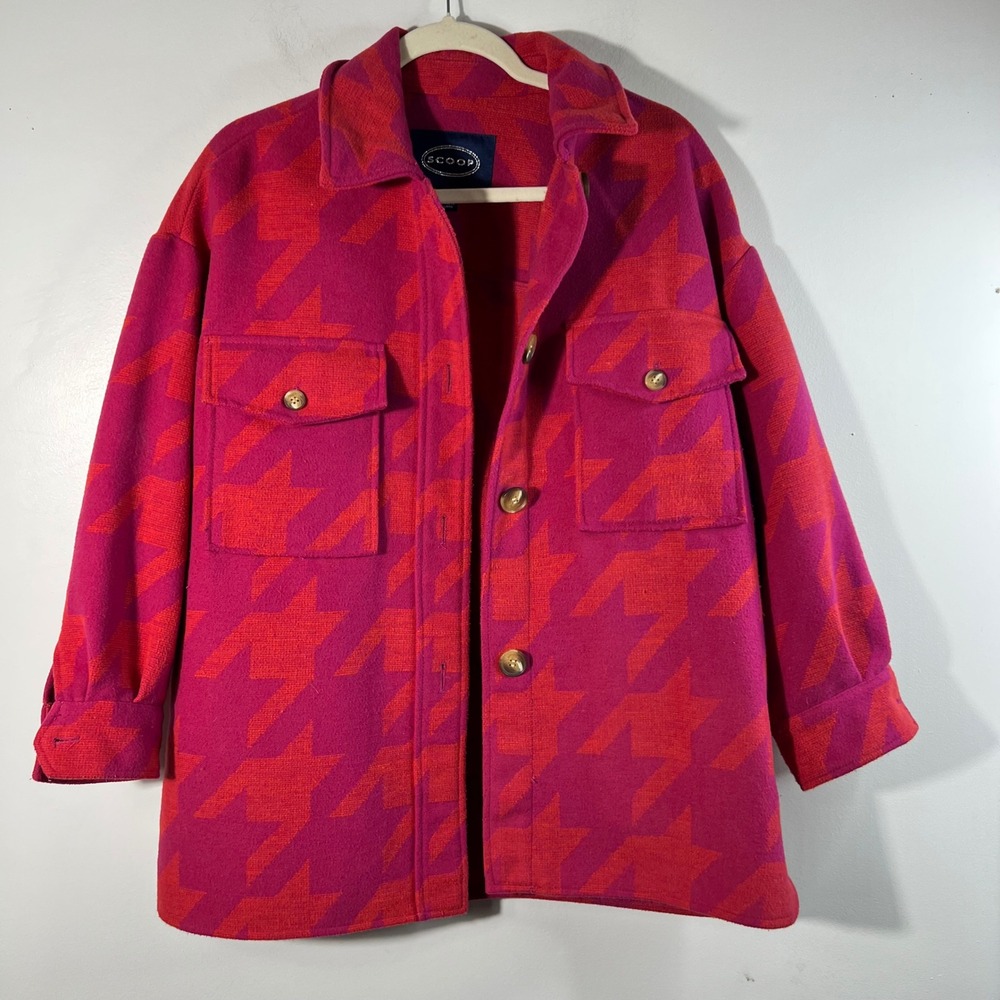 Scoop Wool Blend‎ Heavy Oversized Shacket Pink Houndstooth XS Pocket Pilling